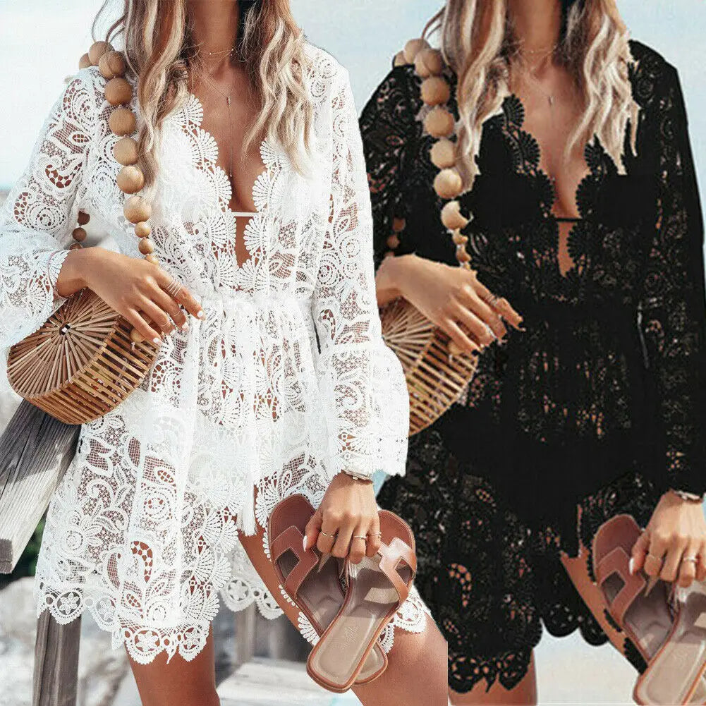 Women Sexy V-neck Lace Beach Bikini Cover Up