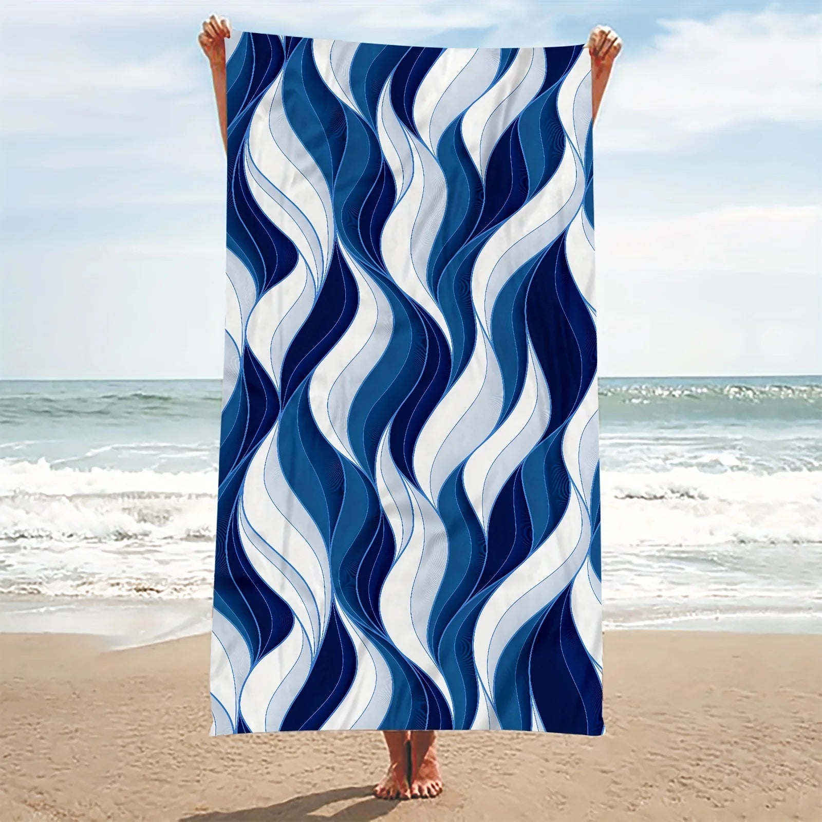 Blue and White Wave Beach Towel for yoga, travel, swimming, fitness and camping