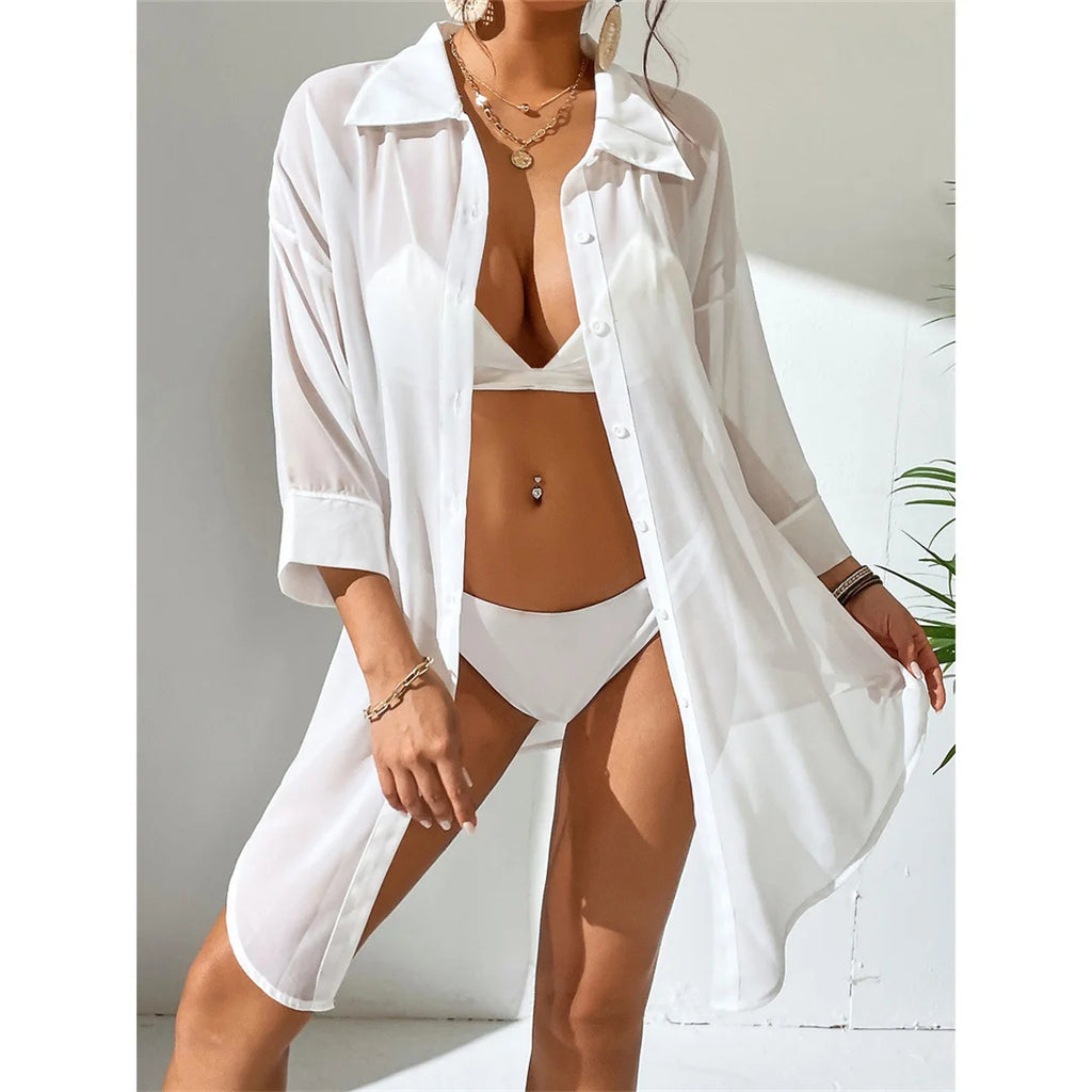 White Shirt Long Sleeve Top Beach Cover Up