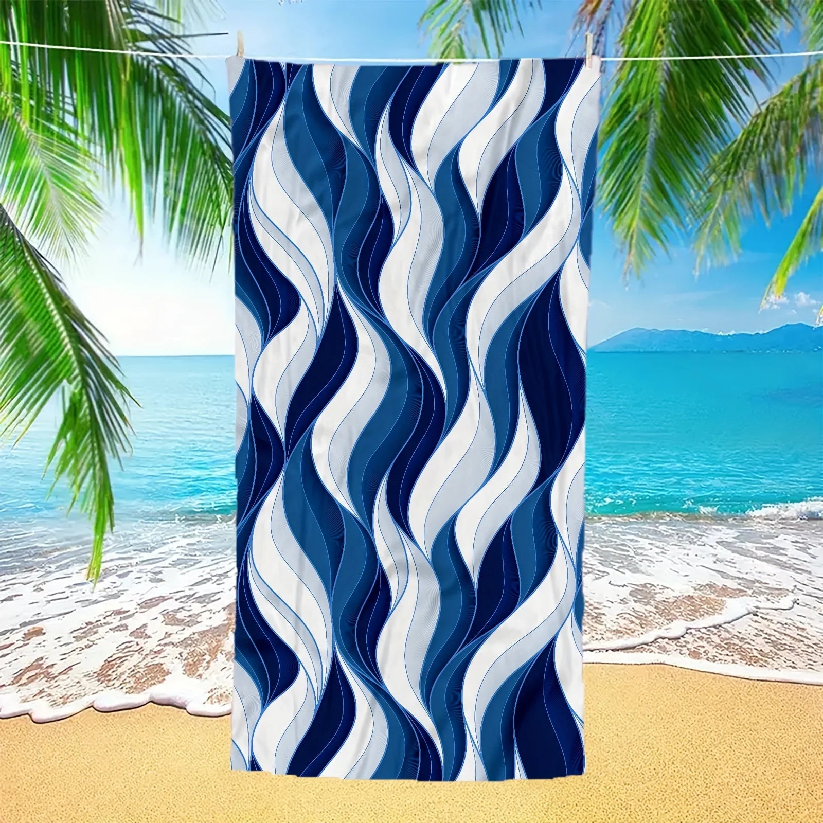 Blue and White Wave Beach Towel for yoga, travel, swimming, fitness and camping