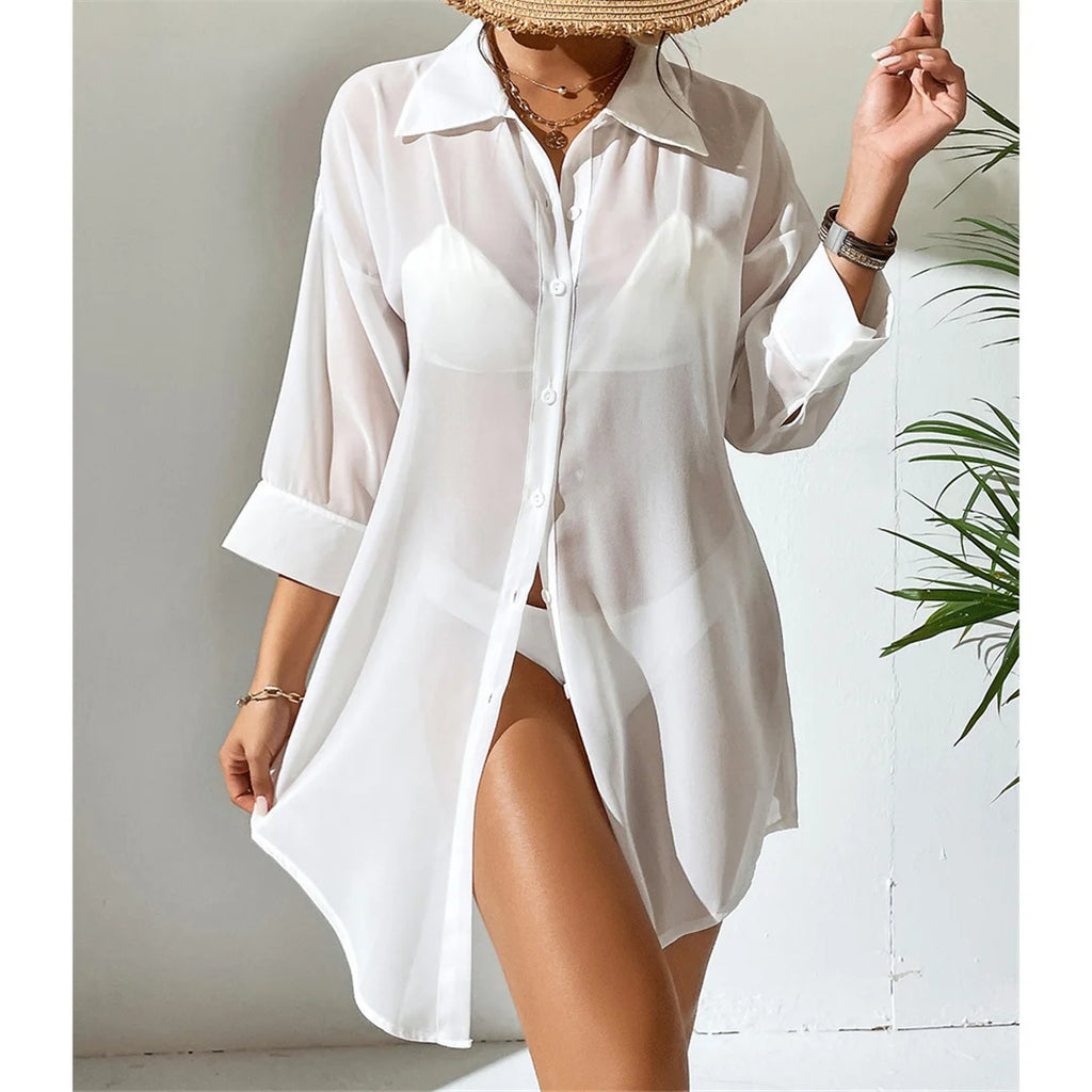 White Shirt Long Sleeve Top Beach Cover Up