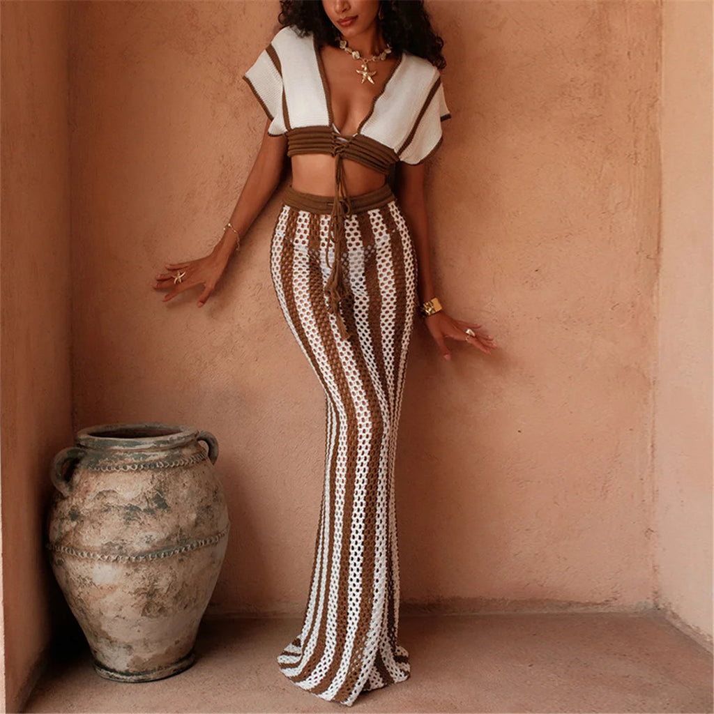 Crochet Knit 2 Pieces Suits Beach Cover Up