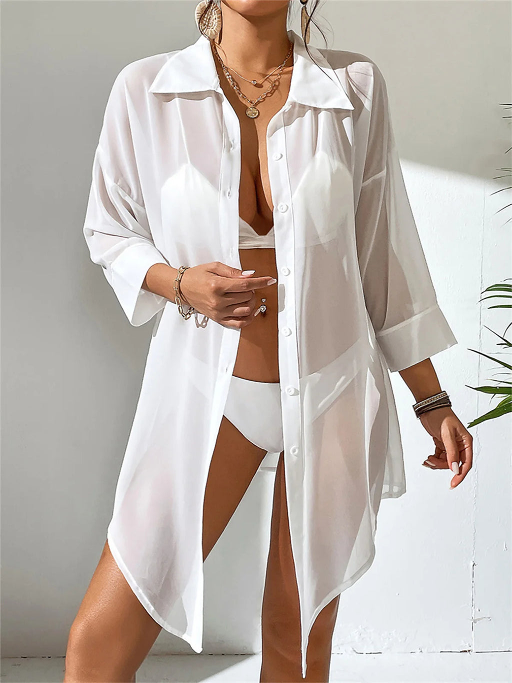 White Shirt Long Sleeve Top Beach Cover Up